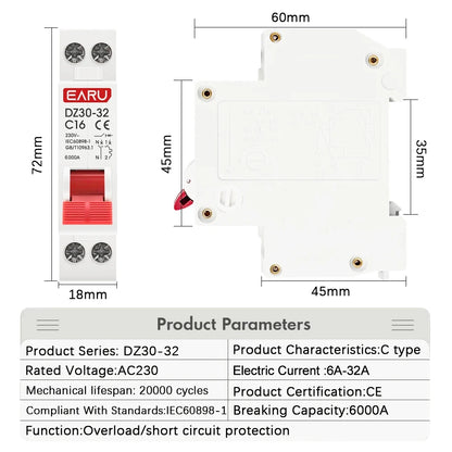 DPN 1P+N AC 230V Mini Circuit Breaker MCB 6A 10A 16A 20A 25A 32A Din Rail Mounting Cutout Miniature Household Air Switch OEM DIY