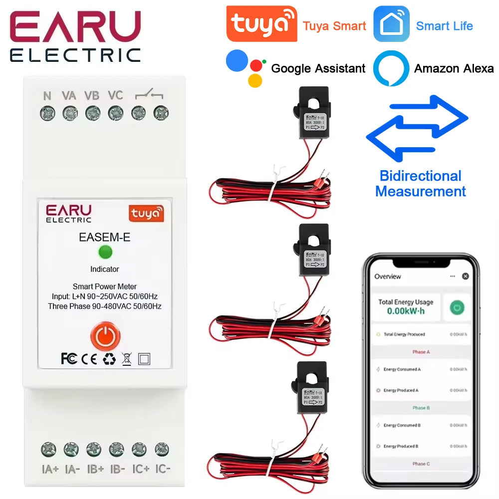 Tuya Smart WiFi Three Phase 80A AC90-480V Bi-Directional Measurement Power Energy kWh Meter Monitor 3Pcs CT Clamps Switch Relay