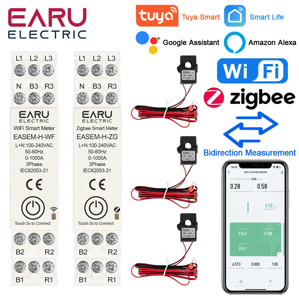Tuya Smart WiFi ZigBee Energy Meter with 3 CT Clamps for Solar PV System Power Production Consumption Bidirectional Monitoring