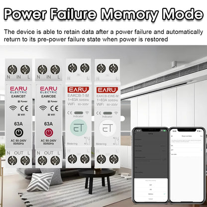 Tuya eWeLink WiFi Smart Circuit Breaker MCB 1P+N 63A Time Relay Switch Energy Meter kWh Voltage Current Protector Remote Control