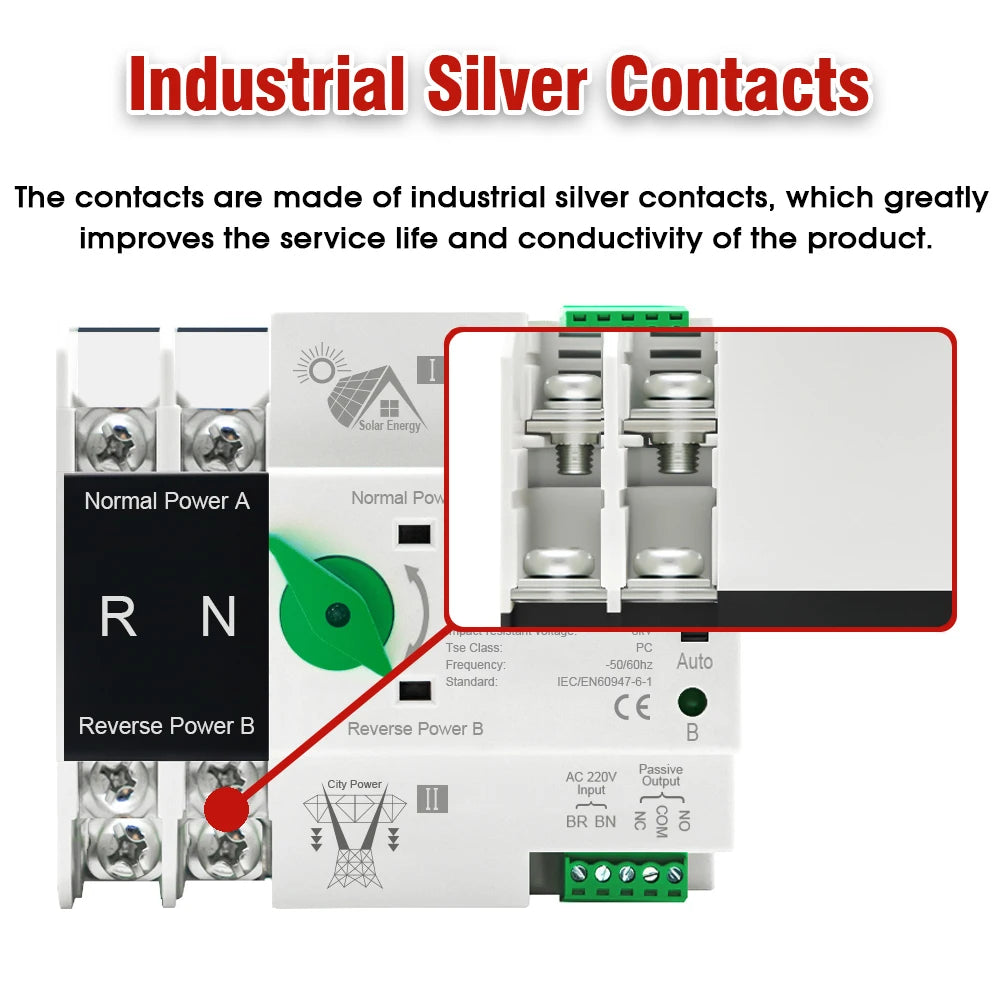 Din Rail ATS for PV and Inverter Dual Power Automatic Transfer Selector Switches Uninterrupted Power 2P 4P AC 110V AC 230V 125A