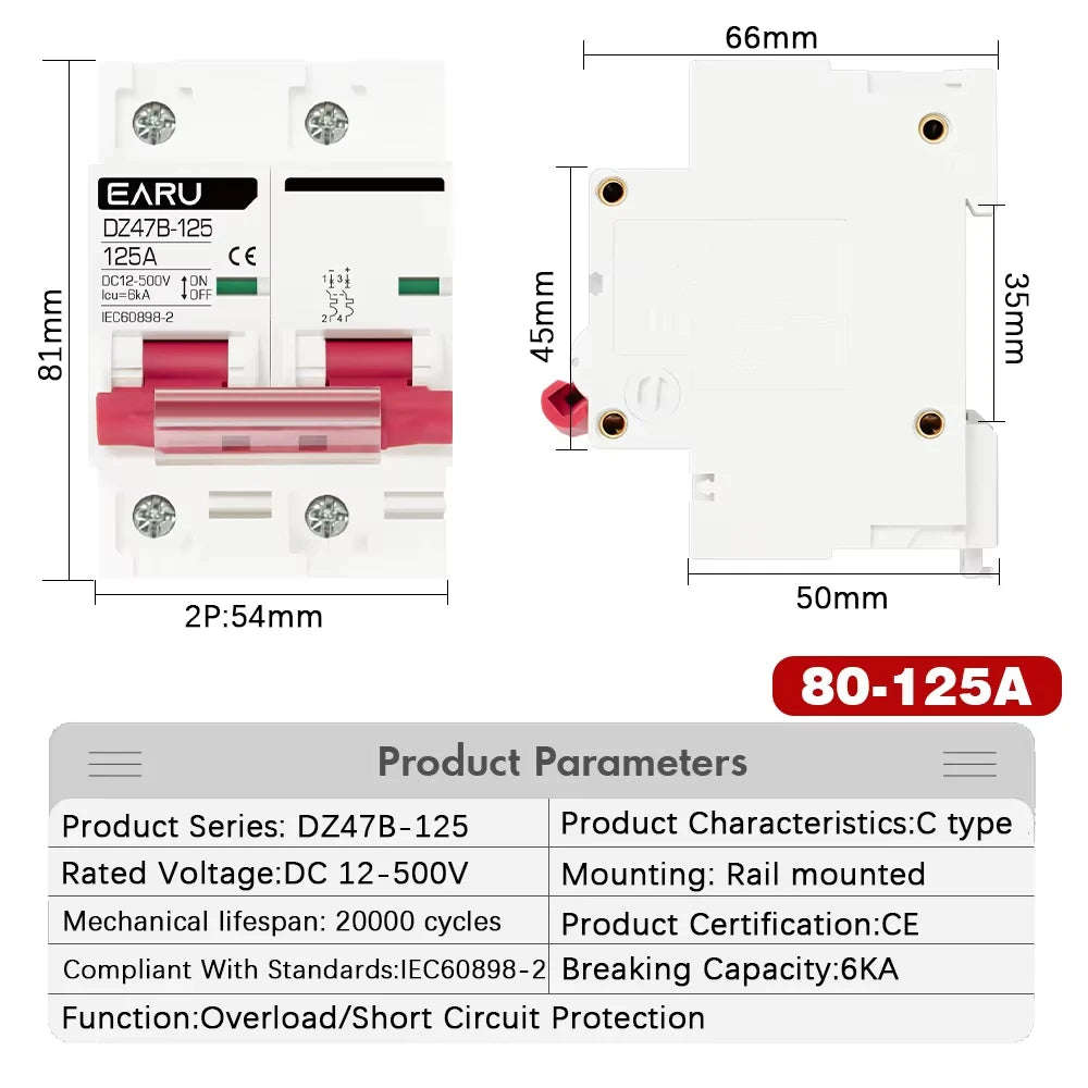 2P DC MCB 12V 24V 48V 500V Circuit Breaker Battery Car Protector DZ47 Positive Negative Pole Rotection  Protect Switch Isolator
