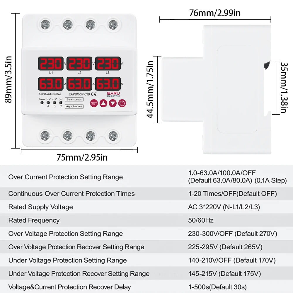 Three Phase Voltage Current Adjustable Over Under Voltage Current Limit Protection Relay Protector 63A 100A with Automatic Reset