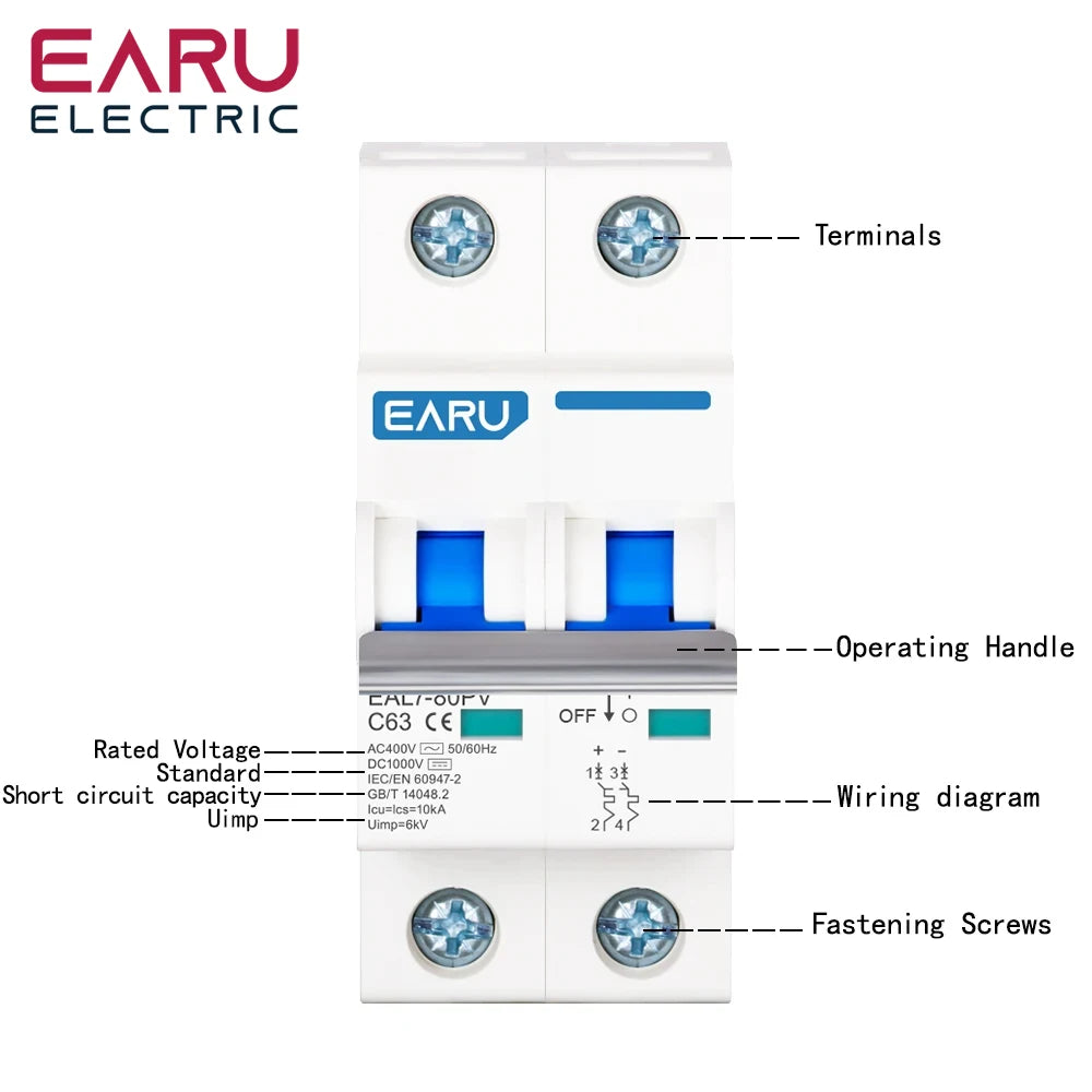 2P DC 1000V AC 400V MCB Solar PV Mini Circuit Breaker 6A-80A Overload Protection Short Circuit Protection  Switch Photovoltaic