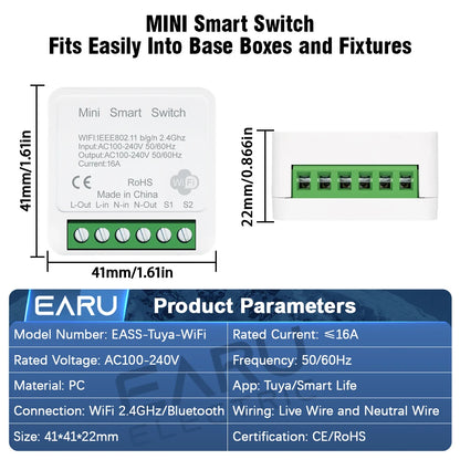 Tuya App 16A 2 Way DIY Mini WiFi Smart Switch Breaker Module Timer Relay Voice Wireless Remote Control for Alexa Google Home