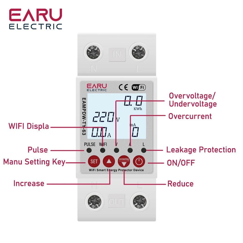 2P 63A TUYA APP WiFi Smart Circuit Earth Leakage Over Under Voltage Protector Relay Device Switch Breaker Energy Power kWh Meter