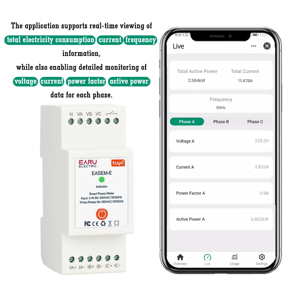Tuya Smart WiFi Three Phase 80A AC90-480V Bi-Directional Measurement Power Energy kWh Meter Monitor 3Pcs CT Clamps Switch Relay