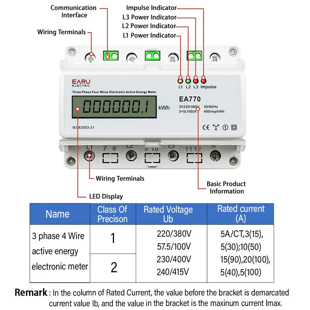 Three Phase Four Wires Eelectronic Active Energy Meter kWh Power Consumption Monitor DIN Rail 50/60Hz 3*5(100)A 50/60Hz  LCD LED
