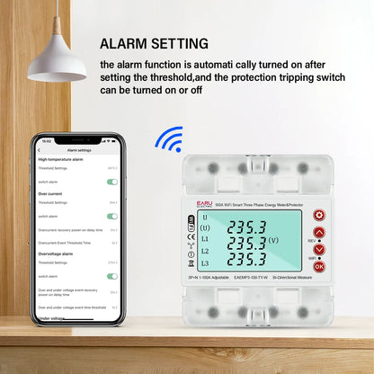 3 Phase 380V 100A Tuya WiFi Smart Bi-Directional Energy Power kWh Meter Over Under Voltage Protector Relay Switch Current Limit