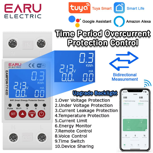 Tuya WiFi Smart Bidirectional Energy Meter Power kWh Meter Earth Leakage Over Under Voltage Protector Timer Relay Switch Breaker