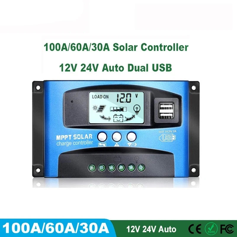 FLTXNY 12V 24V Auto Recognition Solar Panel PV Regulator Battery Charger PWM Solar Charge Controller LCD Dualusb 5V Output