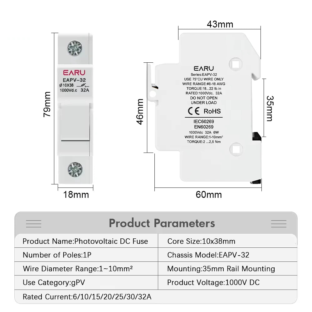 Din Rail Solar Fuses DC 1000V 1500V PV Photovoltaic 20A 25A 30A Fuse Holder Base for Solar System Short Circuit Protection gPV