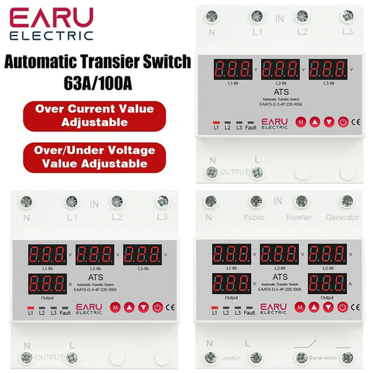 63A 100A 3 Phase 3P+N Phase Selector Adjustable Over Under Voltage Current Protector ATS Automatic Transfer Switch Monitor Relay
