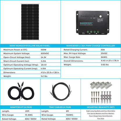 100 Watt 12 Volt Solar Panel + 30A PWM Controller + Adaptor Kit + Tray Cables + Mount