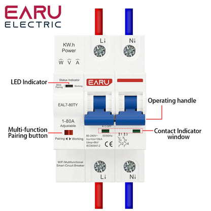 Tuya WiFi Smart Circuit Breaker MCB AC230V 1-80A Adjustable Energy Meter kWh Over Current Under Voltage Short Circuit Protection
