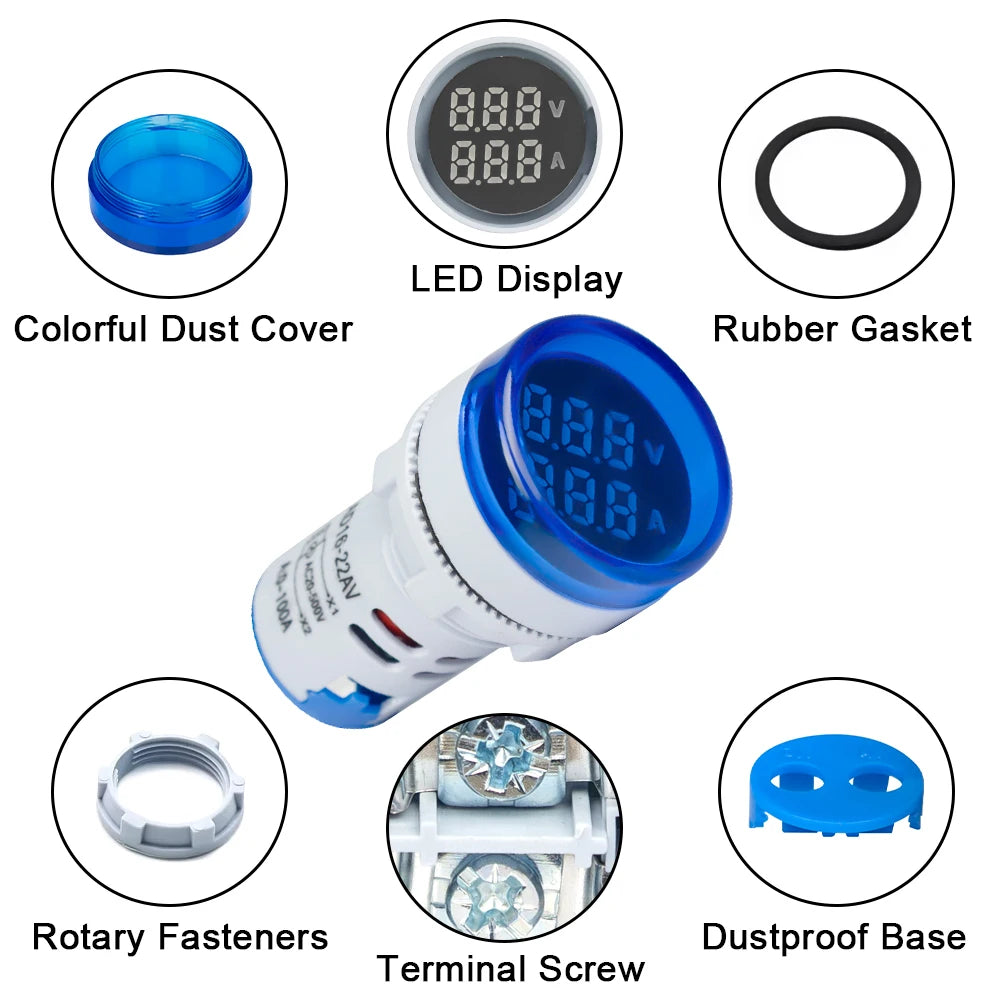 22MM Round LED Mini Digital Voltmeter Ammeter Meter AC 20-500V 0-100A Signal Lights Voltage Current Combo Meter Indicator Tester