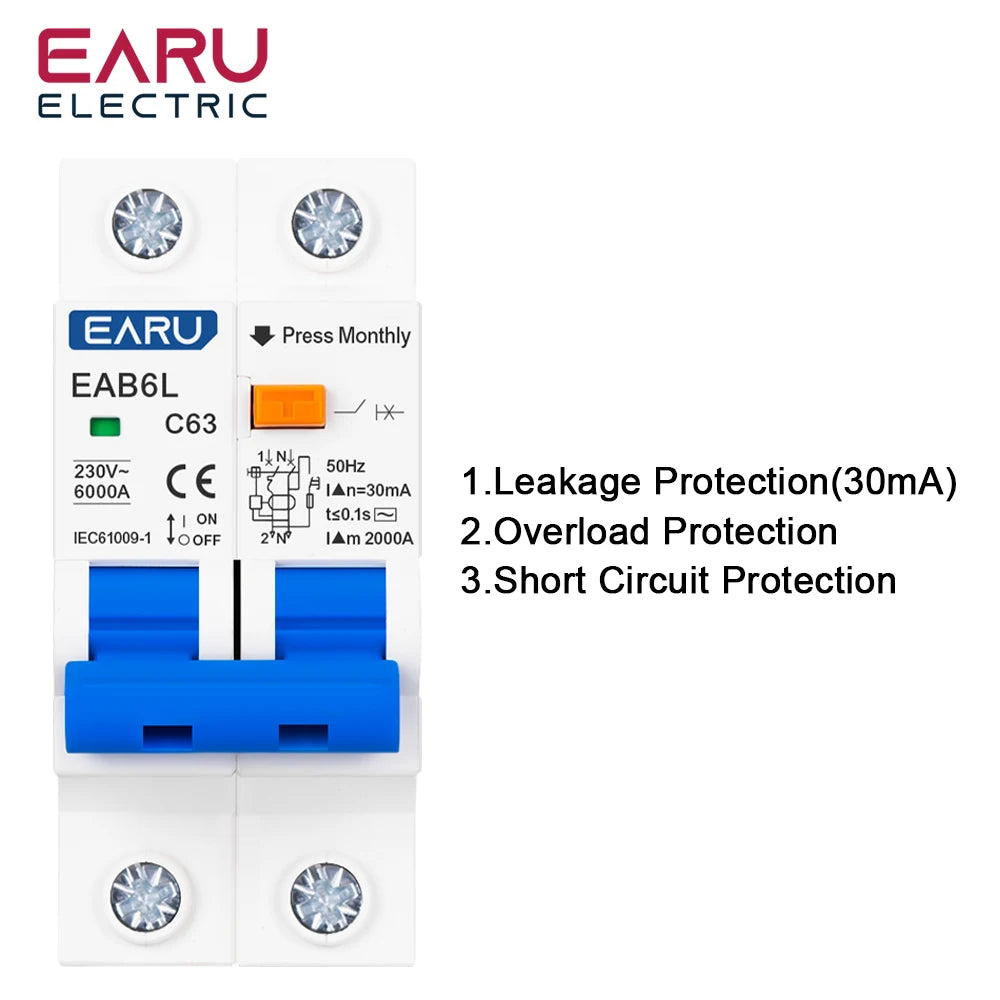 2P Type C AC230V MCB Leakage Protector RCBO Overload Short Circuit Protection Residual Current Circuit Breaker Switch RCCB RCD