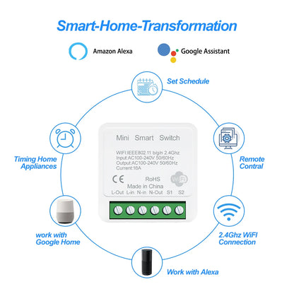 Tuya App 16A 2 Way DIY Mini WiFi Smart Switch Breaker Module Timer Relay Voice Wireless Remote Control for Alexa Google Home