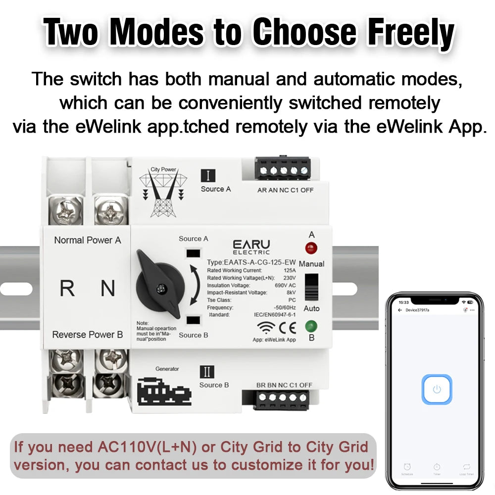 eWeLink WiFi Smart Remote Control 2/3/4P 125A AC 230V ATS Dual Power Automatic Transfer Electrical Selector Switch Uninterrupted