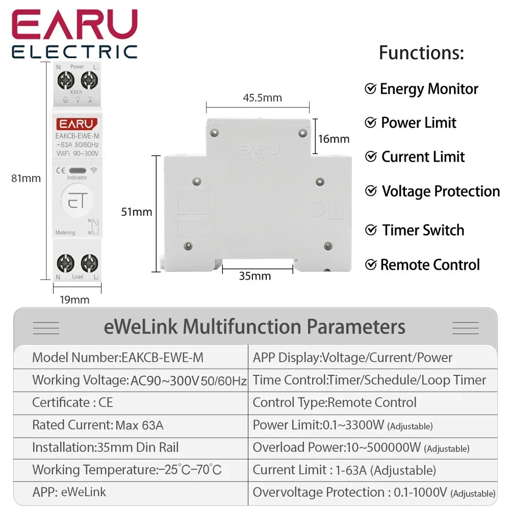 eWeLink WiFi Smart Circuit Breaker MCB 1P 63A Timer Power Energy kWh Voltage Current Meter Protector Voice Remote Control Switch