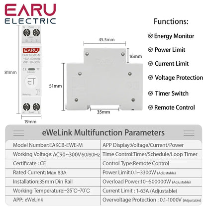 eWeLink WiFi Smart Circuit Breaker MCB 1P 63A Timer Power Energy kWh Voltage Current Meter Protector Voice Remote Control Switch