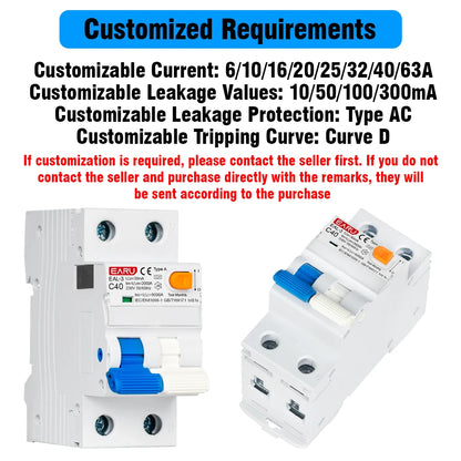 2P 40A 30mA AC 230V 50/60Hz RCBO RCCB MCB Type A Electromagnetic Residual Current Circuit Breaker Curve B/C Leakage Protection