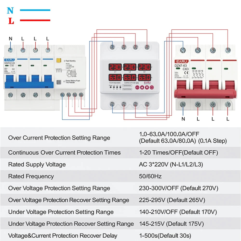 Three Phase Voltage Current Adjustable Over Under Voltage Current Limit Protection Relay Protector 63A 100A with Automatic Reset