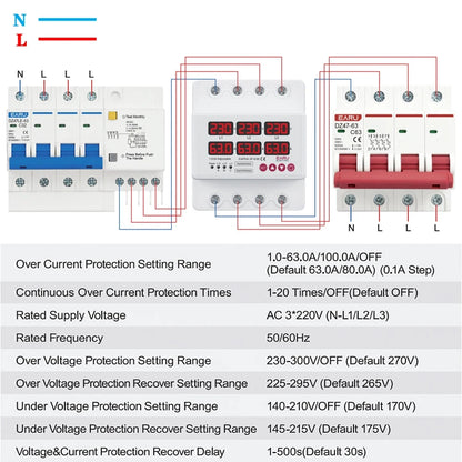 Three Phase Voltage Current Adjustable Over Under Voltage Current Limit Protection Relay Protector 63A 100A with Automatic Reset