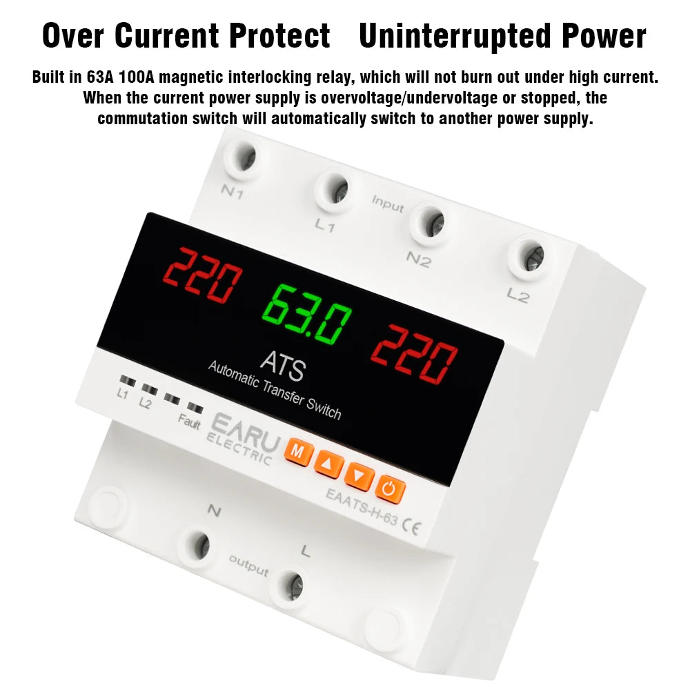 63A 100A 220V ATS Adjustable Over Under Voltage Current Protector Dual Power Conversion Automatic Transfer Switch Monitor Relay