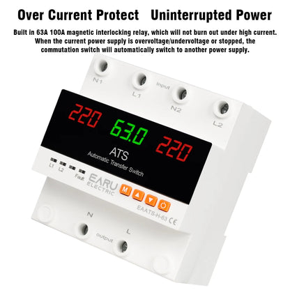63A 100A 220V ATS Adjustable Over Under Voltage Current Protector Dual Power Conversion Automatic Transfer Switch Monitor Relay