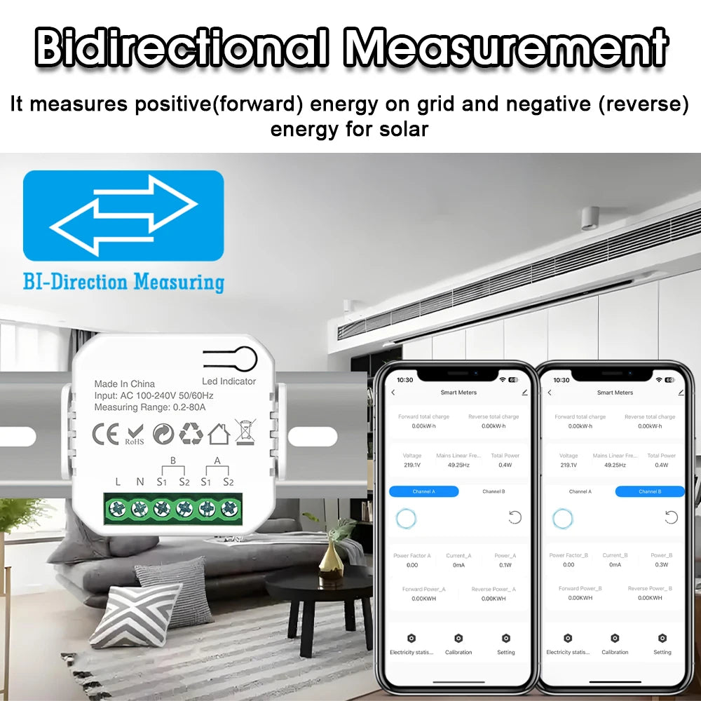Tuya Smart WiFi Energy Meter with 1/2 CT Clamps for Solar PV System Power Production Consumption Bidirectional Monitoring Meter