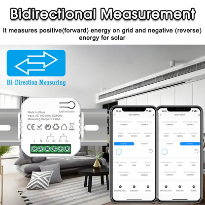 Tuya Smart WiFi Energy Meter with 1/2 CT Clamps for Solar PV System Power Production Consumption Bidirectional Monitoring Meter