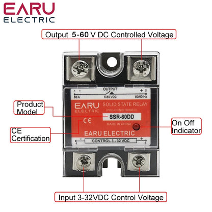 SSR-25DD SSR-40DD SSR 10A 60A  80A 100A Single Phase Solid State Relay Module DC 3-32V Input DC 5-60V Output Voltage Transformer