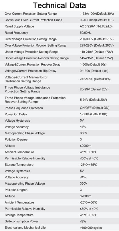 Three Phase Voltage Current Adjustable Over Under Voltage Current Limit Protection Relay Protector 3*220V 380V 63A 100A Din Rail