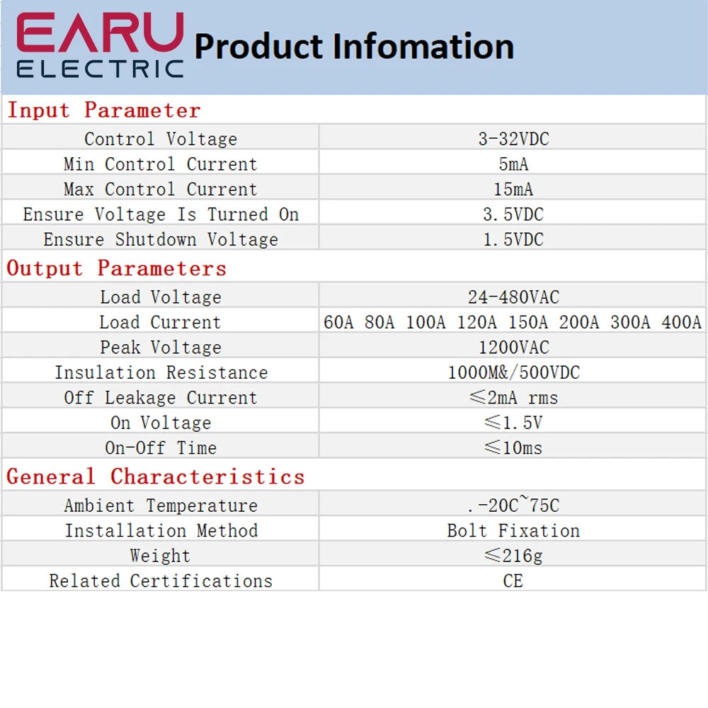 Industrial Solid State Relay SSR Module Single Phase Input 3-32VDC Output 24-480VAC Industrial 60A 80A 100A 120A 150A 200A 300A