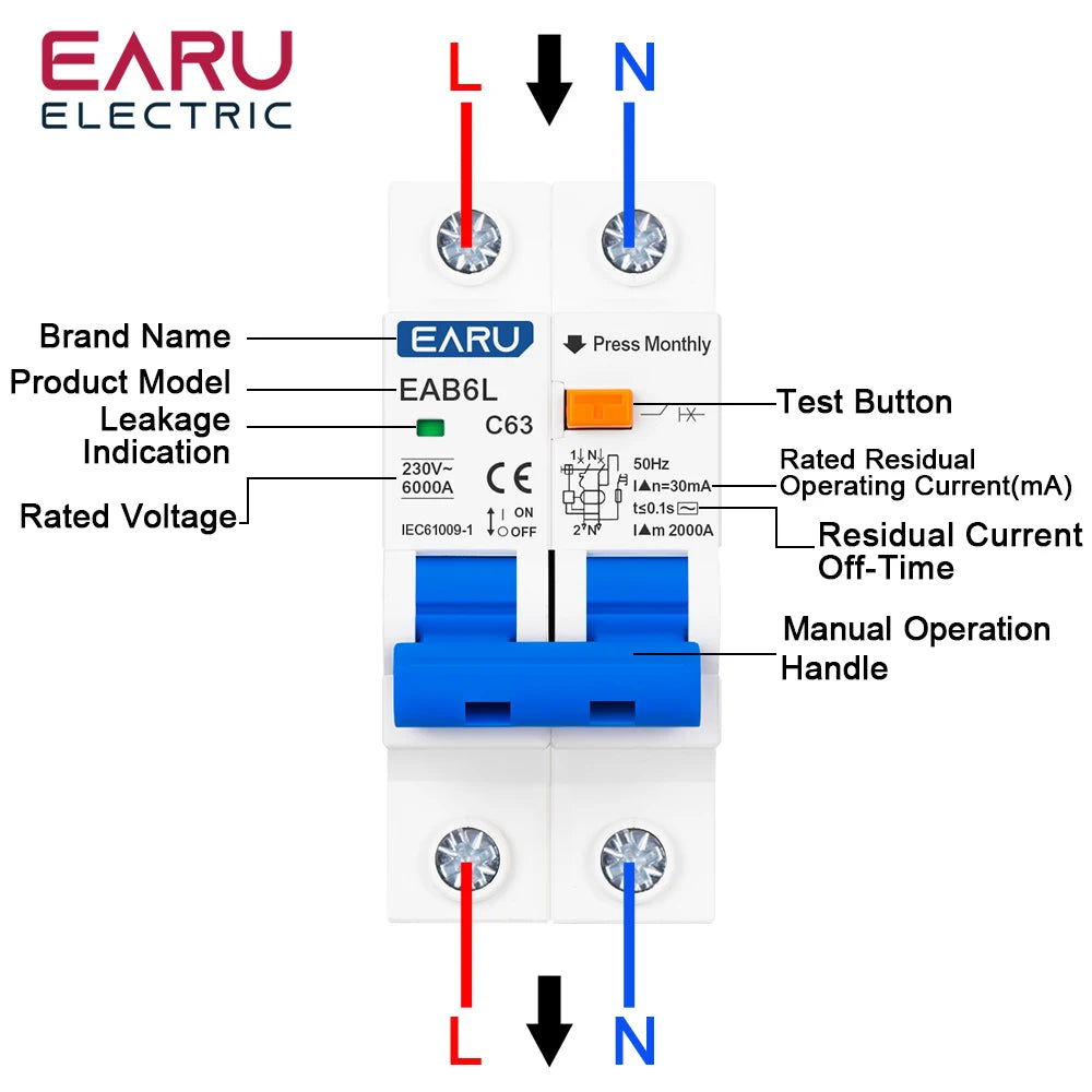 2P Type C AC230V MCB Leakage Protector RCBO Overload Short Circuit Protection Residual Current Circuit Breaker Switch RCCB RCD