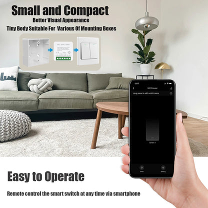 Tuya App 16A 2 Way DIY Mini WiFi Smart Switch Breaker Module Timer Relay Voice Wireless Remote Control for Alexa Google Home