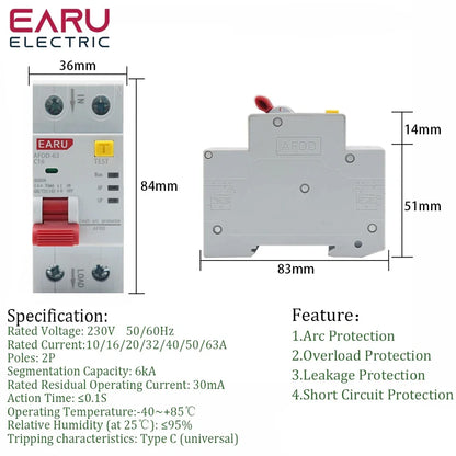 2P 220V AFDD 63 AFCI Arc Fault Protector Device RCBD Circuit Breaker Interrupted Overload Earth Leakage Short Circuit Protection