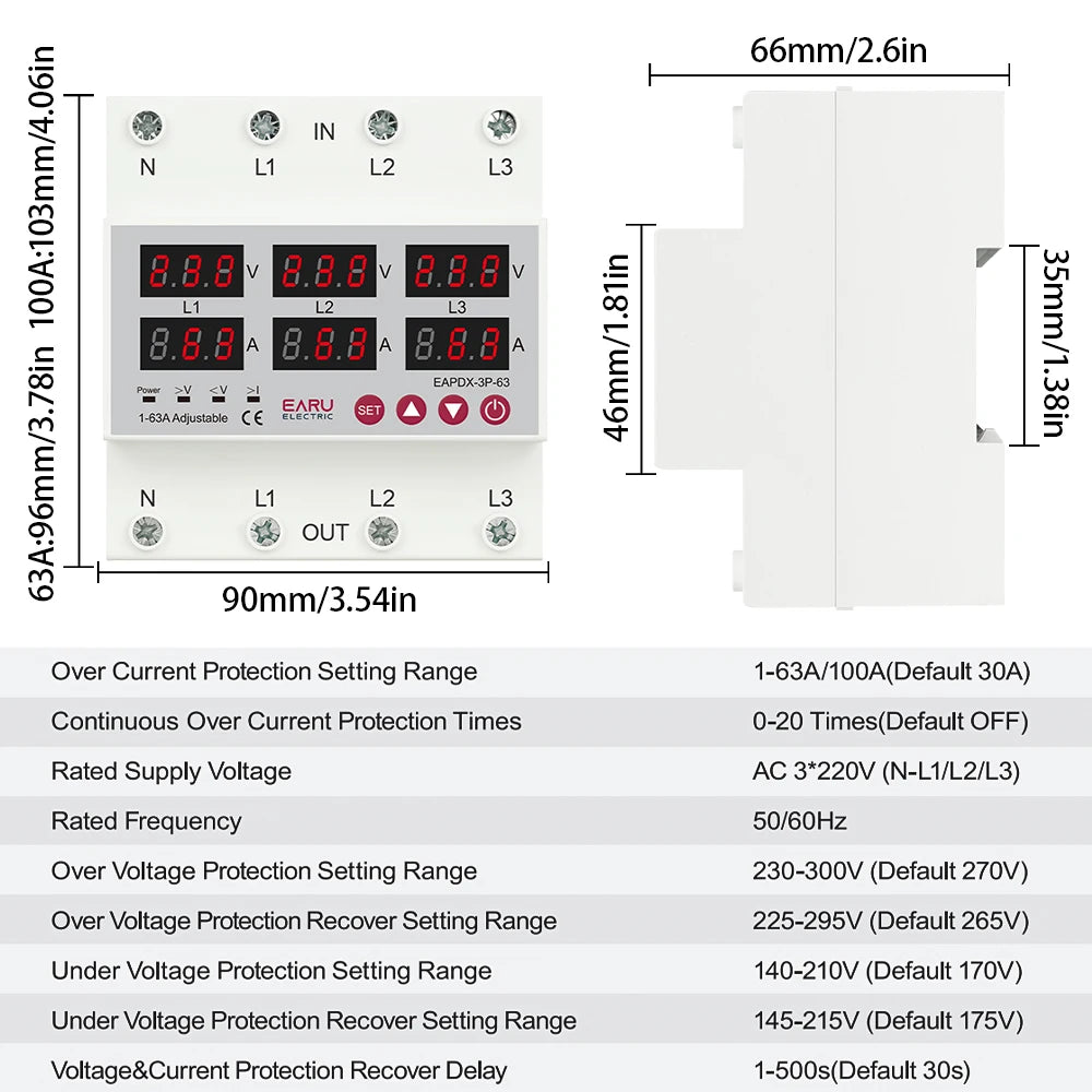 Three Phase Voltage Current Adjustable Over Under Voltage Current Limit Protection Relay Protector 3*220V 380V 63A 100A Din Rail