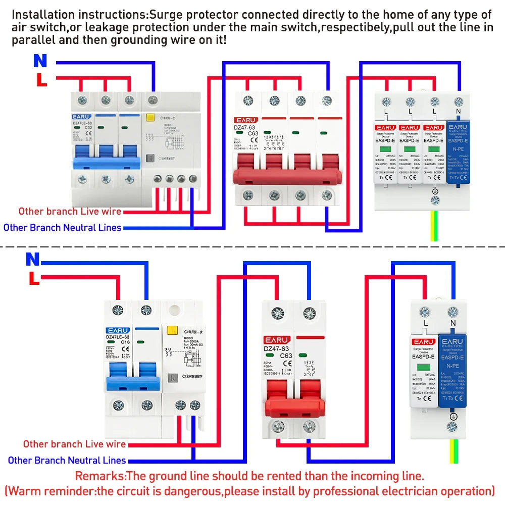 AC SPD 1P+NPE 3P+NPE 50KA T1 T2 385V 275V House Lightning Surge Protector Protective Solar Low-Voltage Arrester Device Din Rail
