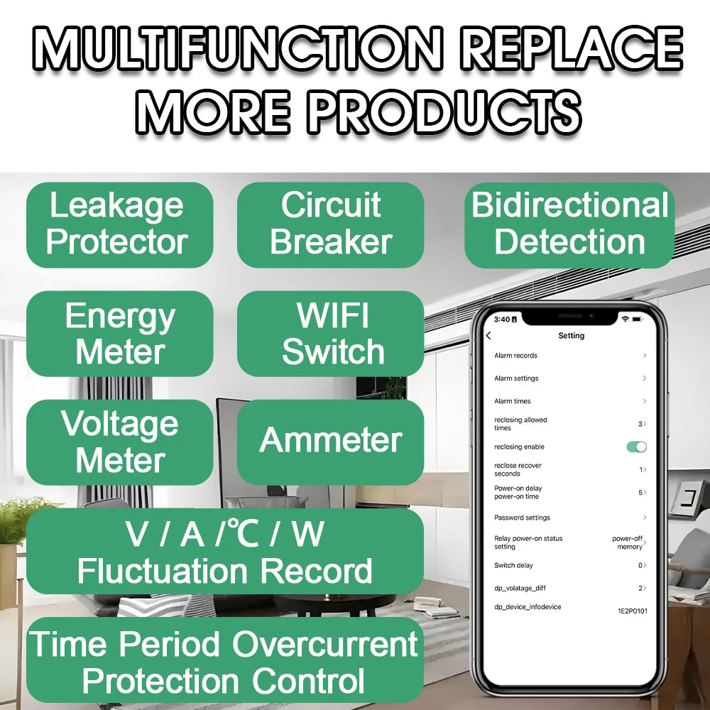Tuya Smart WiFi Circuit Breaker Switch PV Bi-Directional Energy Meter Timer Measuring Earth Leakage Over Under Voltage Protector
