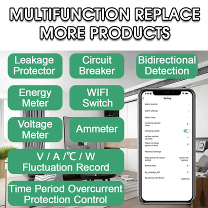 Tuya Smart WiFi Circuit Breaker Switch PV Bi-Directional Energy Meter Timer Measuring Earth Leakage Over Under Voltage Protector