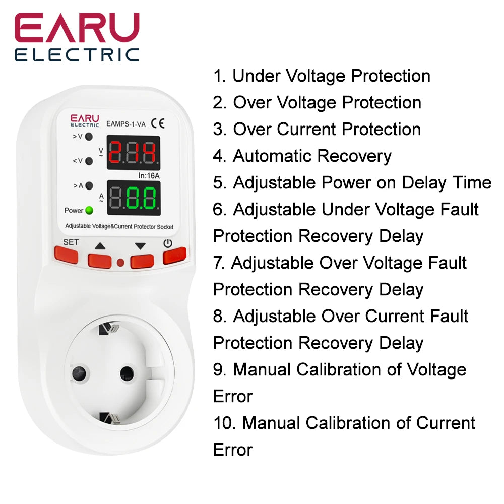 Automatic Voltage Surge Current Limiter Protector EU Socket Plug Adjustable 16A AC 230V 50/60Hz Power Energy Monitor kWh Meter