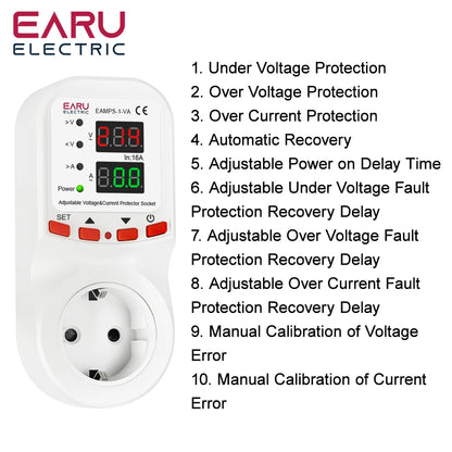 Automatic Voltage Surge Current Limiter Protector EU Socket Plug Adjustable 16A AC 230V 50/60Hz Power Energy Monitor kWh Meter