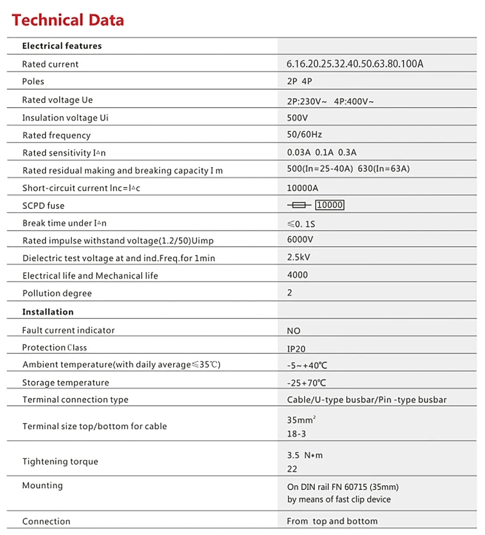2P 32A 10/30/100/300mA Type A RCCB RCD ELCB Electromagnetic Residual Current Circuit Breaker Differential Breaker Safety Switch