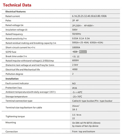 2P 32A 10/30/100/300mA Type A RCCB RCD ELCB Electromagnetic Residual Current Circuit Breaker Differential Breaker Safety Switch