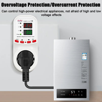 Automatic Voltage Surge Current Limiter Protector EU Socket Plug Adjustable 16A AC 230V 50/60Hz Power Energy Monitor kWh Meter