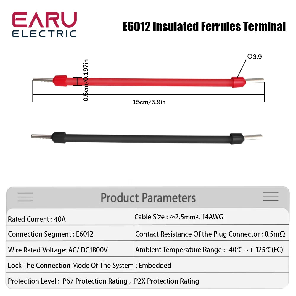 10 Pairs Red Black 15CM 2.5mm² 14AWG Photovoltaic PV Solar Cable Wire with E6012 Terminals for Solar Power Combiner Box Wiring