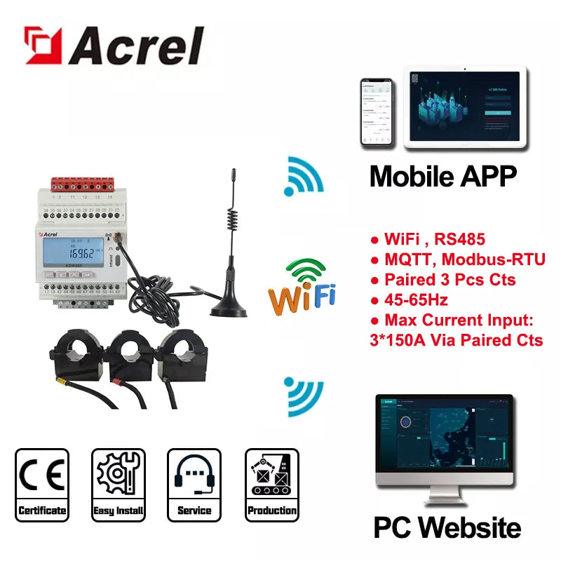 Acrel 1 Pcs IoT WIFI Wireless Smart Energy Meter 3 Phase MQTT RS485 Modbus-RTU with 3 Pcs Split Core 0-1000A Current Transformer