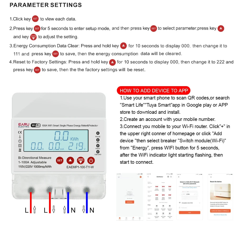 100A Tuya WiFi Smart Single Phase Energy Meter Over Under Voltage Protector Electricity Bi-Directional Measure kWh Power Meter